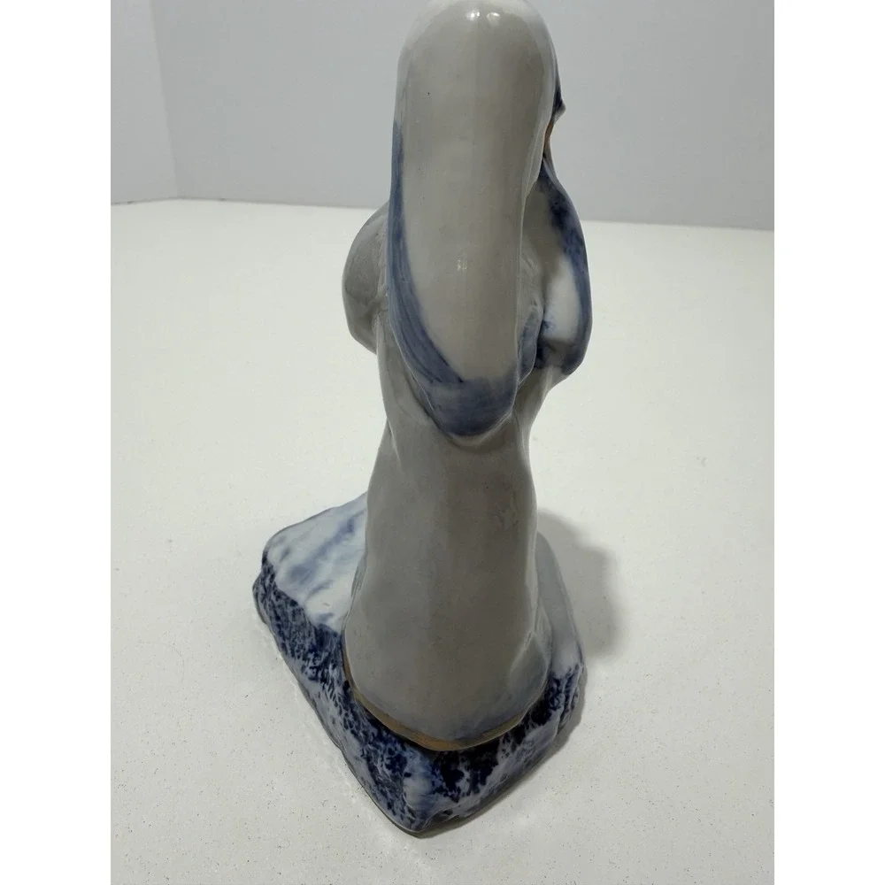 White & Blue Ceramic Sculpture A Woman is Blessing For Shabbat Candles 6.5